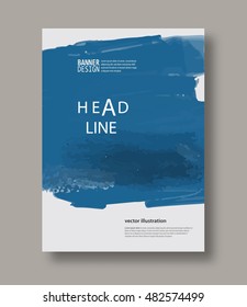 Blue abstract design. Ink paint on brochure, Color element on white. Grunge banner paints. Simple composition. Liquid ink. Background for banner, card, poster, identity,web design.