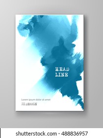 Blue abstract design. Ink paint on brochure, Color element isolated on white. Grunge banner paints. Simple composition. Liquid ink. Background for banner, card, poster, identity, web design.