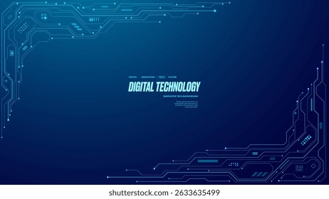 Blue abstract digital background featuring a tech frame built from circuit board lines and microchip elements. Modern, high-tech design ideal for innovation and technology themes. Vector illustration