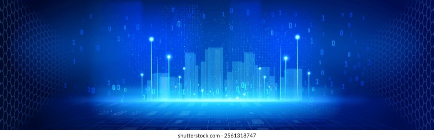 blue abstract digital city technology background with binary number system and digital world map, security, technology, financial, business