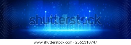 blue abstract digital city technology background with binary number system and digital world map, security, technology, financial, business