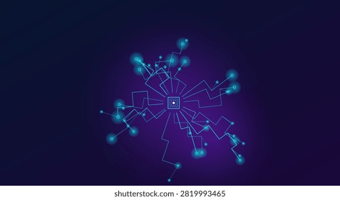 Blue abstract digital connection network with glowing nodes and lines spreading from central square on deep gradient background.