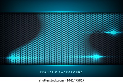 Blue abstract dimension on black hexagon background. Realistic overlap layers texture with blue lights element decoration.