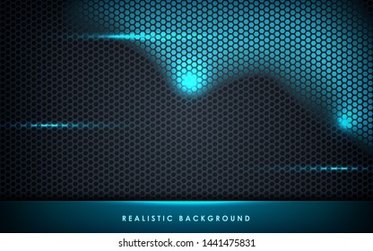 Blue abstract dimension on black hexagon background. Realistic overlap layers texture with blue lights element decoration.