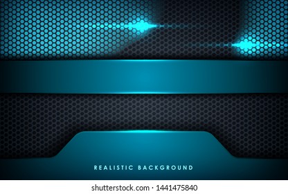 Blue abstract dimension on black hexagon background. Realistic overlap layers texture with blue lights element decoration.