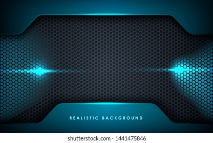 Blue abstract dimension on black hexagon background. Realistic overlap layers texture with blue lights element decoration.