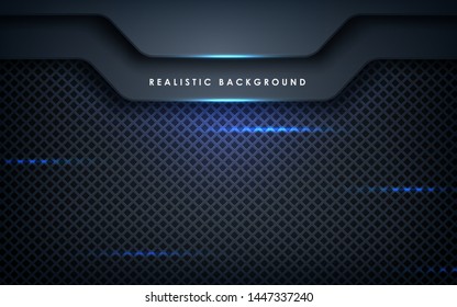 Blue abstract dimension on black texture background. Realistic overlap layers texture with blue lights element decoration.