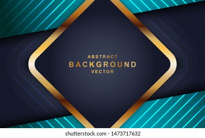 Blue abstract dimension on black background. Realistic overlap layers texture with golden lights element decoration.