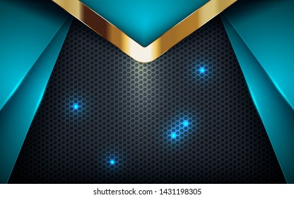 Blue abstract dimension on dark hexagon background. Overlap layers texture with golden list and blue lights element decoration.