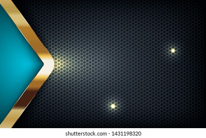 Blue abstract dimension on dark hexagon background. Overlap layers texture with golden list and yellow lights element decoration.
