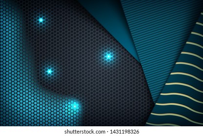 Blue abstract dimension on dark hexagon background. Overlap layers texture with wavy golden and blue lights element decoration.