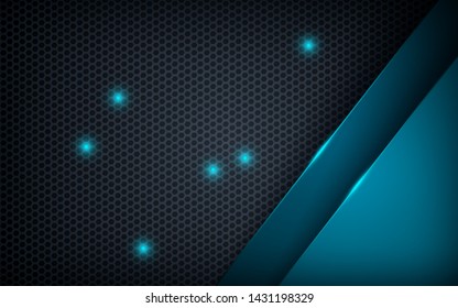 Blue abstract dimension on dark hexagon background. Overlap layers texture blue lights element decoration.