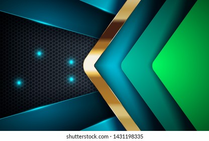 Blue abstract dimension on dark hexagon background. Overlap layers texture with golden list and blue lights element decoration.