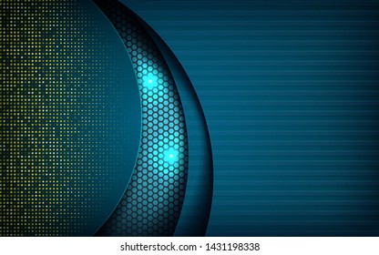 Blue abstract dimension on dark hexagon background. Overlap layers texture with golden glitters and blue lights element decoration.