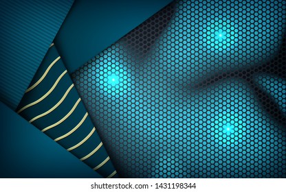 Blue abstract dimension on dark hexagon background. Overlap layers texture with wavy golden and blue lights element decoration.