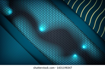 Blue abstract dimension on dark hexagon background. Overlap layers texture with wavy golden and blue lights element decoration.