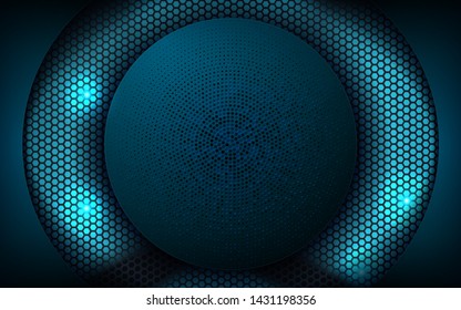 Blue abstract dimension on dark hexagon background. Overlap layers texture with glitters and blue lights element decoration.