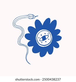 Blue abstract drawing featuring a snake and a flower with an eye symbol, representing surreal and imaginative concepts