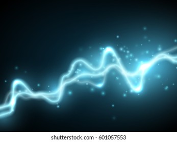 Efeito de choque de energia abstrato azul com muitas partículas brilhantes. Descarga elétrica sobre fundo escuro. Ilustração vetorial para seu design