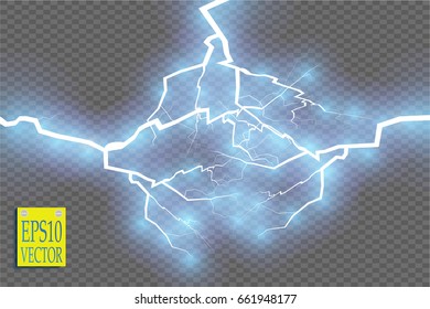Blue abstract energy shock explosion special light effect with spark. Vector glow power lightning cluster. Electric discharge on transparent background. High voltage charged core