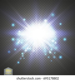 Blue abstract energy shock explosion special light effect with spark. Vector glow power lightning cluster. Electric discharge on transparent background. High voltage charged core. Vector