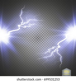 Blue abstract energy shock explosion special light effect with spark. Vector glow power lightning cluster. Electric discharge on transparent background. High voltage charged core. Vector