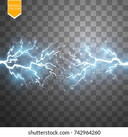 Blue abstract energy shock explosion special light effect with spark. Vector glow power lightning cluster. Electric discharge on transparent background. High voltage charged core. Vector