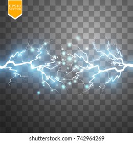 Blue abstract energy shock explosion special light effect with spark. Vector glow power lightning cluster. Electric discharge on transparent background. High voltage charged core. Vector
