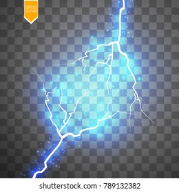 Blue abstract energy shock explosion special light effect with spark. Vector glow power lightning cluster. Electric discharge on transparent background. High voltage charged core. vector