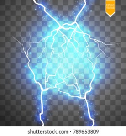 Blue abstract energy shock explosion special light effect with spark. Vector glow power lightning cluster. Electric discharge on transparent background. High voltage charged core. vector