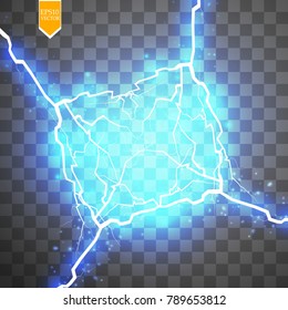 Blue abstract energy shock explosion special light effect with spark. Vector glow power lightning cluster. Electric discharge on transparent background. High voltage charged core. vector