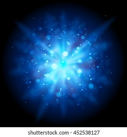 Blue abstract explosion bokeh light rays and sparkles. Isolated on a black background. Empty space for text. Detailed vector illustration. 