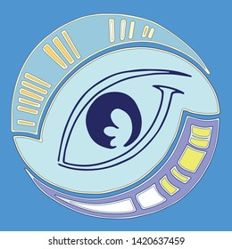 Blue abstract eye on a blue background with yellow elements.