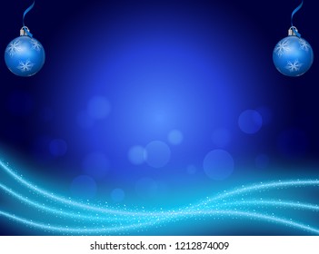 Blue abstract festive background, with christmas tree ornaments, ribbons, bokeh and glowing waves. An empty space for the text. Vector eps 10.