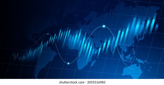 Blue abstract financial graph chart. Digital concept stock market forex trading. Investment and economic trends business. World map technology futuristic background