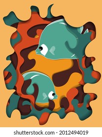 Blue abstract fish in the paper cut style