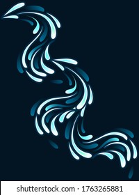 Blue abstract flat water drops flowing flat vector illustration on dark background
