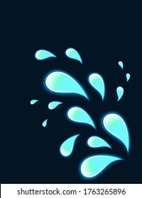 Blue abstract flat water drops flowing flat vector illustration on dark background