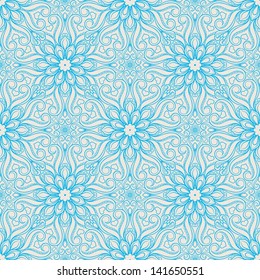blue abstract floral pattern with hearts on a beige background. vector illustration 