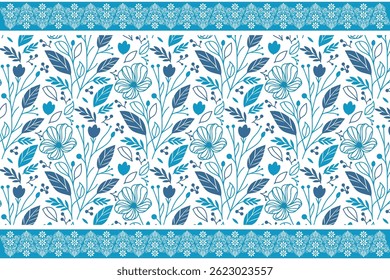 blue abstract floral pattern. sketch seamless flowers. clean line textile. modern botanical art. outline flower border. hand drawn repeat style
