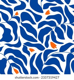Blue abstract floral seamless pattern. Vector minimal floral leaves and flowers contemporary repeat background. Summer tropical print. Freehand branches. Modern art gallery vector illustration.