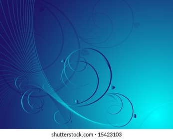 Blue abstract floral vector background with curved lines.