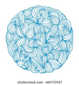 Blue abstract flower line art in circle using doodle art