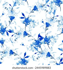 Blue abstract flowers arranged on a white background. Floral pattern textile design.