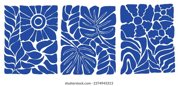 Blue abstract flowers and leaves posters. Minimalist floral art prints inspired by Matisse, doodle-like design. Vector illustration isolated on white background.