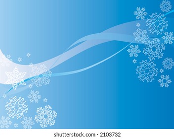 blue abstract with flowing lines and snowflakes
