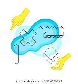 Blue Abstract Flowing Shape and Contour Geometrical Objects Surrounded by Human Hands Vector Illustration