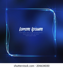 Blue abstract frame on blurred magic background. Neon light curved lines. Vector illustration.