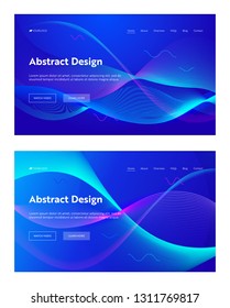 Blue Abstract Frequency Wave Shape Landing Page Background Set. Futuristic Technology Digital Motion Pattern. Creative Neon Line Backdrop Kit Element for Website Web Page Vector Illustration