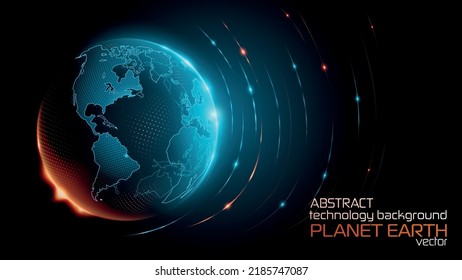 Blue abstract futuristic background. Tech vector. Sunrise. Satellites and rockets in orbit of planet Earth. Plasma clot of energy. Glowing rays with flickering particles. Science and technology.